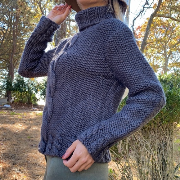 ❄️ WILLI SMITH GREY MIDNIGHT BLUE CHUNKY WOOL HAND KNIT TURTLENECK SWEATER! - Picture 3 of 9